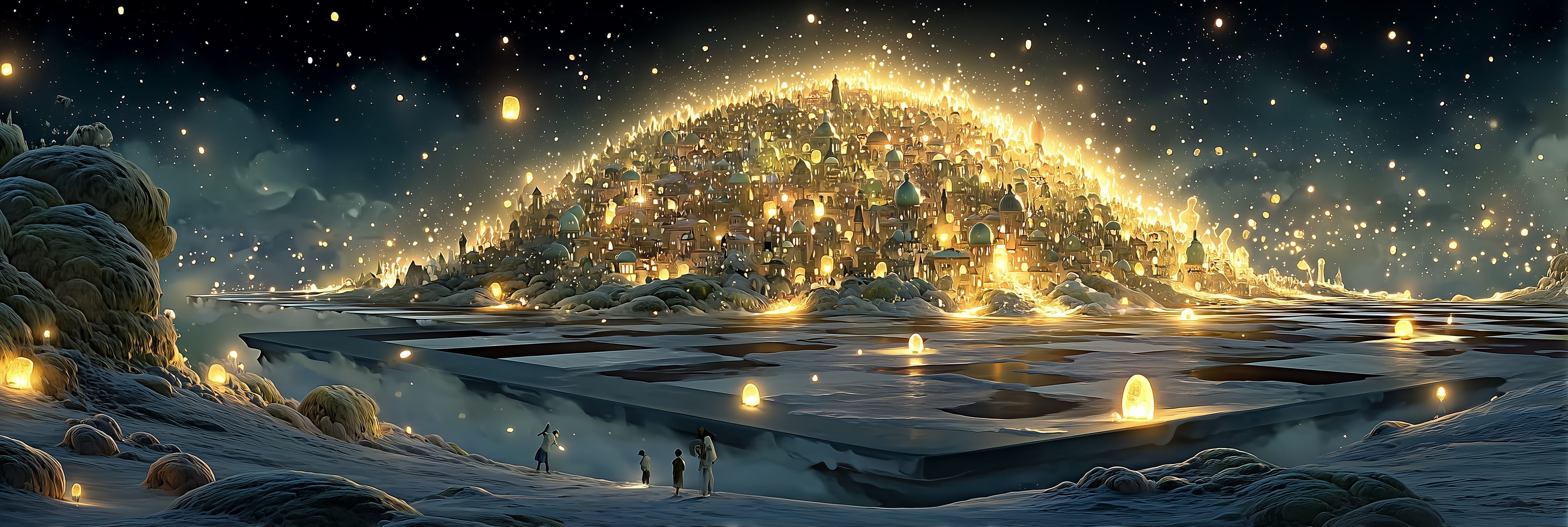 Mundo luminoso surgindo sobre um grande tabuleiro em uma paisagem noturna