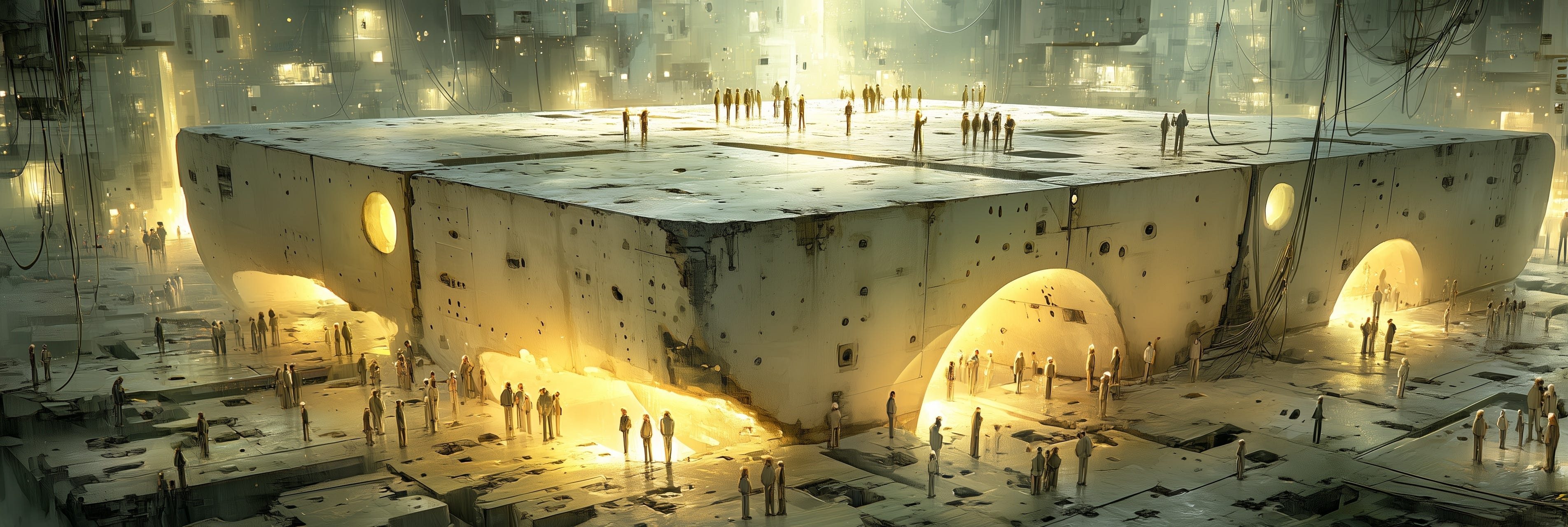 Estrutura monumental iluminada que representa a infraestrutura ao redor de um modelo de linguagem