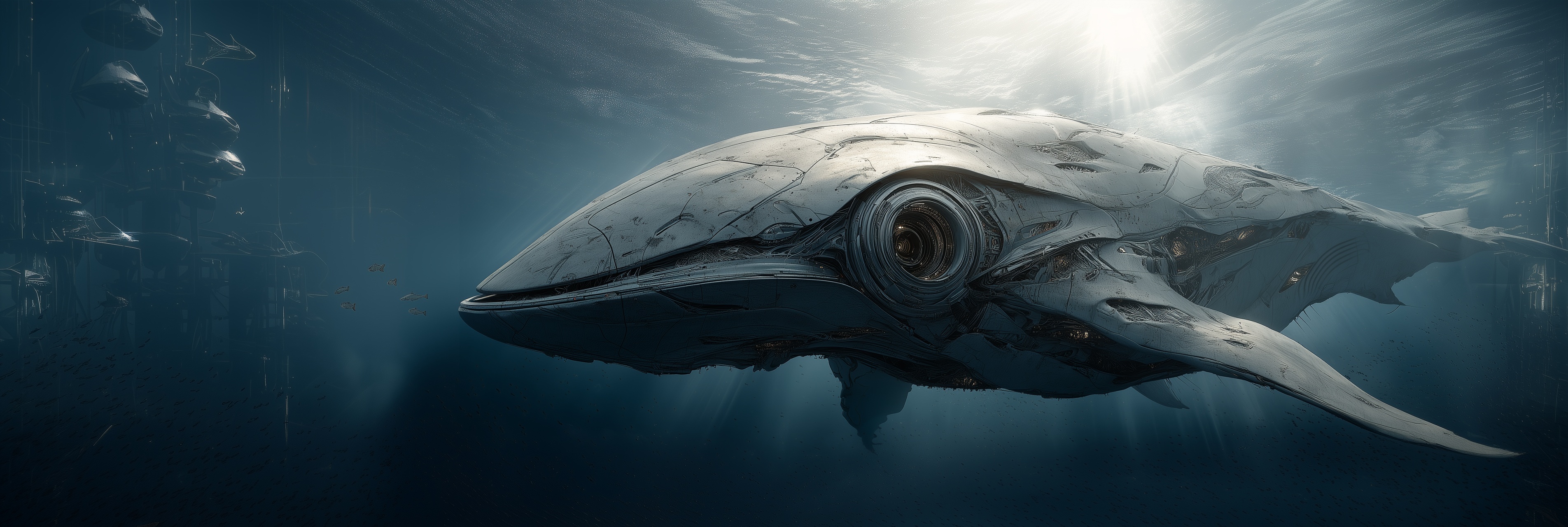 Criatura mecânica semelhante a uma baleia ou submarino sob a água