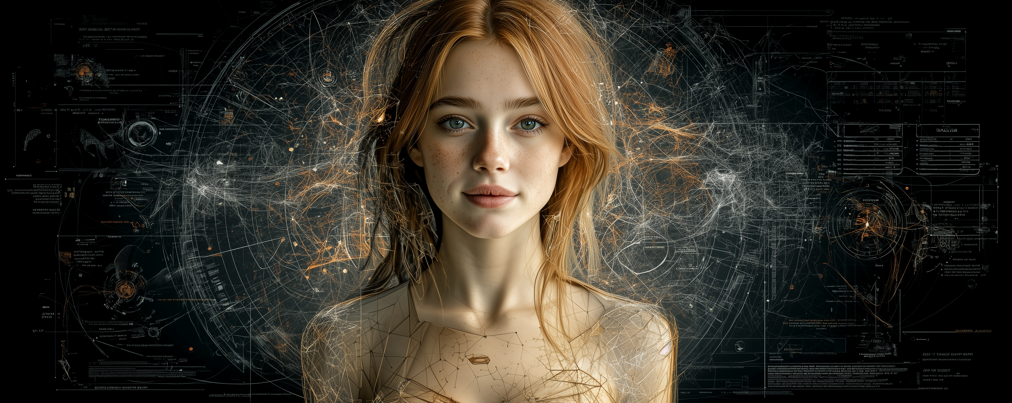 Figura feminina diante de uma rede de conexões e interfaces abstratas