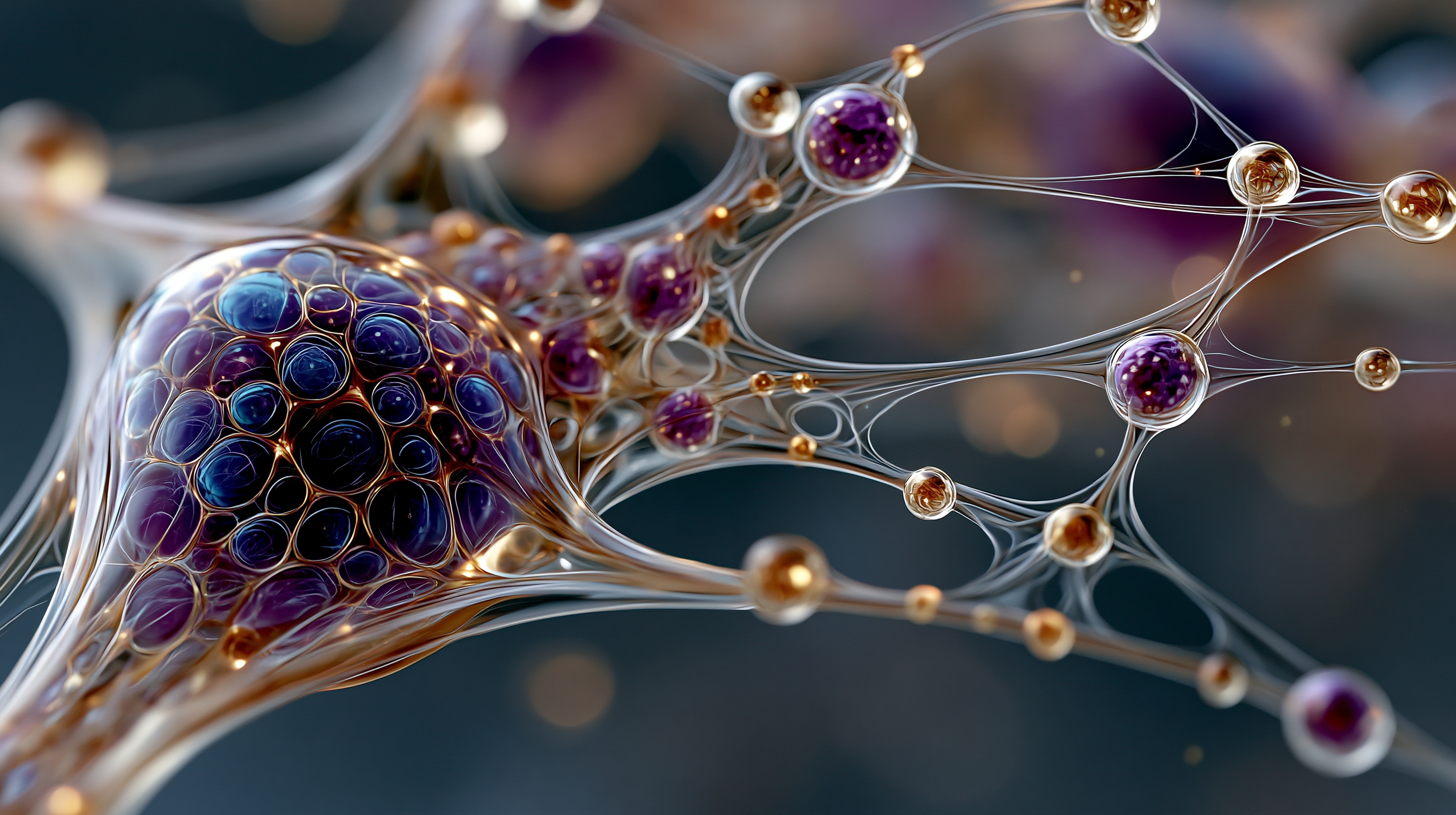 Estrutura neural abstrata com formas orgânicas transparentes em tons de roxo e dourado