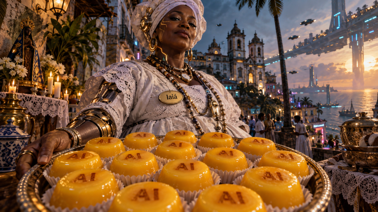 Iaiá futurista oferece doces marcados com AI em uma Salvador afrofuturista